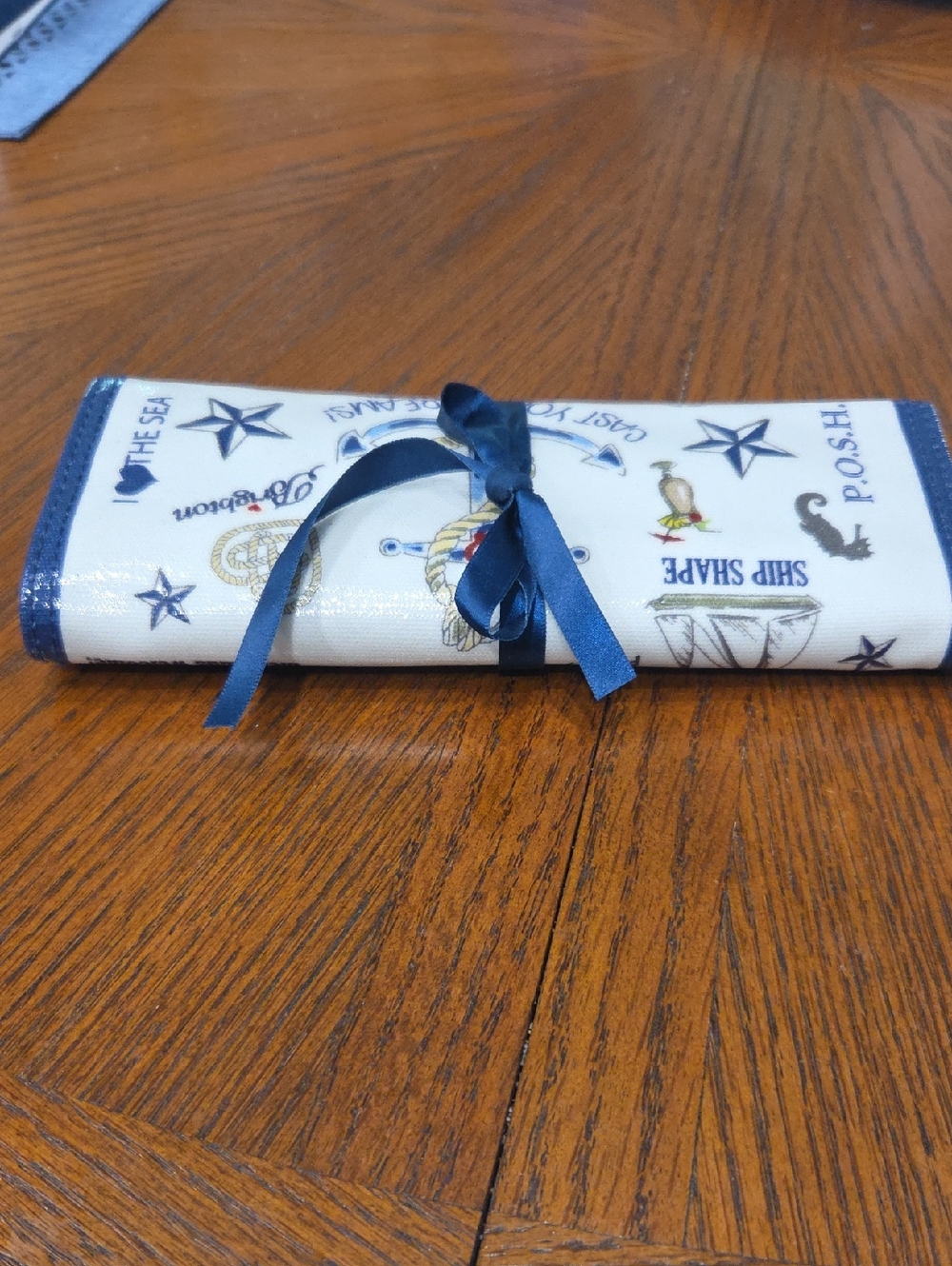 Brighton Nautical Print Ribbon Tie Roll-Up Jewelry Pouch in White and Navy